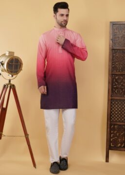 Men's Cotton Regular Fit Printed Kurta with Sequence Work | Shaded - Pink
