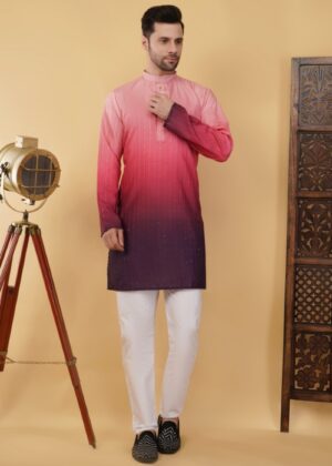 Men’s Cotton Shaded Printed Kurta with Sequence Work – Regular Fit - Pink