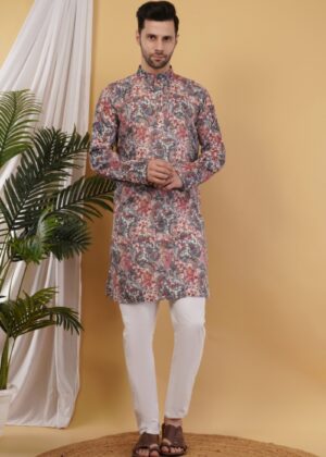 Men’s Cotton Floral Printed Kurta for Men with Sequence – Festive Wear