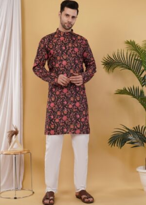 Men’s Cotton Printed Kurta for Men with Sequence – Festive Wear