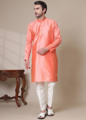Men’s Premium Cotton Blend Jacquard Kurta – Stylish Ethnic Wear for Weddings & Festive Occasions - Peach