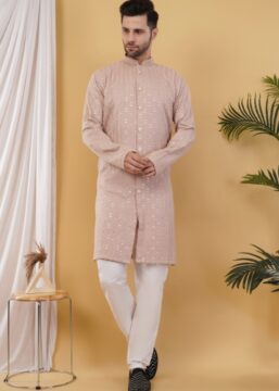 Men's Cotton Sequince Lines Embroidered Semi-Indo Western Kurta - Pink