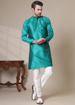 Men's Premium Cotton Blend Jacquard Kurta - Rama