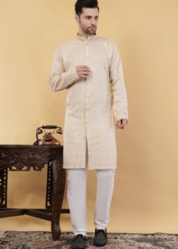 Men's Cotton Sequince Lines Embroidered Semi-Indo Western Kurta - White