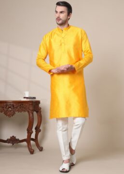 Men's Premium Cotton Blend Jacquard Kurta - Yellow