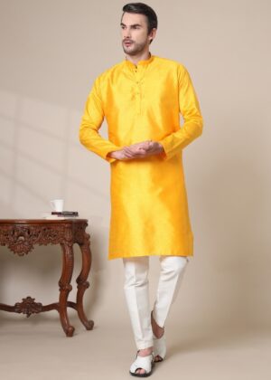 Men’s Premium Cotton Blend Jacquard Kurta – Stylish Ethnic Wear for Weddings & Festive Occasions - Yellow