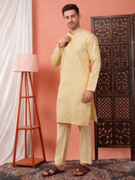 Men's Pure Cotton Embroidery Neck Work Kurta - Cream