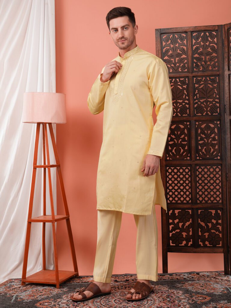 Men’s Pure Cotton Embroidery Neck Work Kurta – Elegant Traditional Outfit for Weddings & Festive Wear - Cream