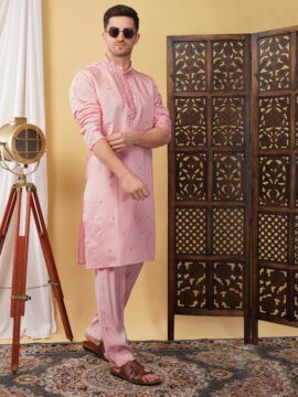 Men's Pure Cotton Embroidery Neck Work Kurta - Pink