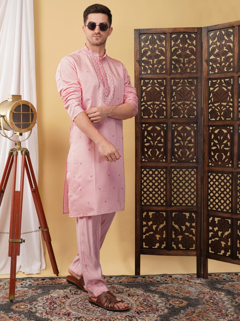 Men’s Pure Cotton Embroidery Neck Work Kurta – Elegant Traditional Outfit for Weddings & Festive Wear - Pink