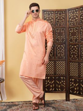 Men's Pure Cotton Embroidery Neck Work Kurta - Peach