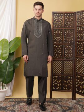 Men's Pure Cotton Embroidery Neck Work Kurta - Grey