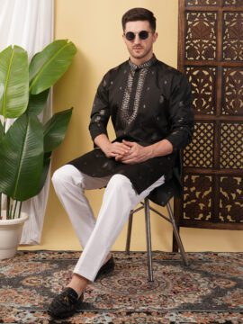 Men's Silk Jacquard Neck Work Kurta