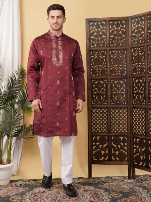 Men’s Silk Jacquard Neck Work Kurta – Elegant Ethnic Outfit for Weddings & Festive Wear - Maroon