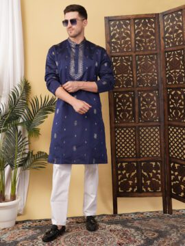Men's Silk Jacquard Neck Work Kurta - Navy Blue