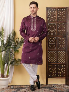 Men's Silk Jacquard Neck Work Kurta - Wine