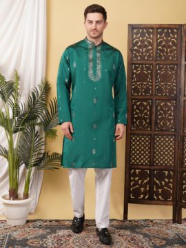 Men's Silk Jacquard Neck Work Kurta - Green