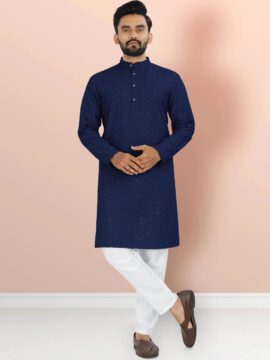 Men's Cotton Chikan Embroidery Kurta - Navy Blue