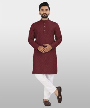 Men's Cotton Chikan Embroidery Kurta - Maroon
