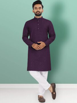 Men's Cotton Chikan Embroidery Kurta - Wine
