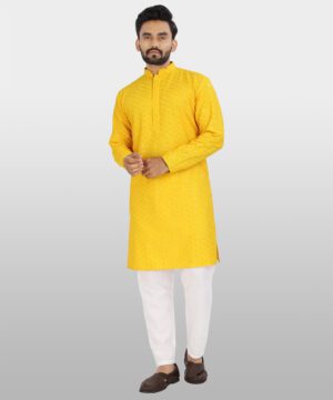 Men's Cotton Chikan Embroidery Kurta - Yellow