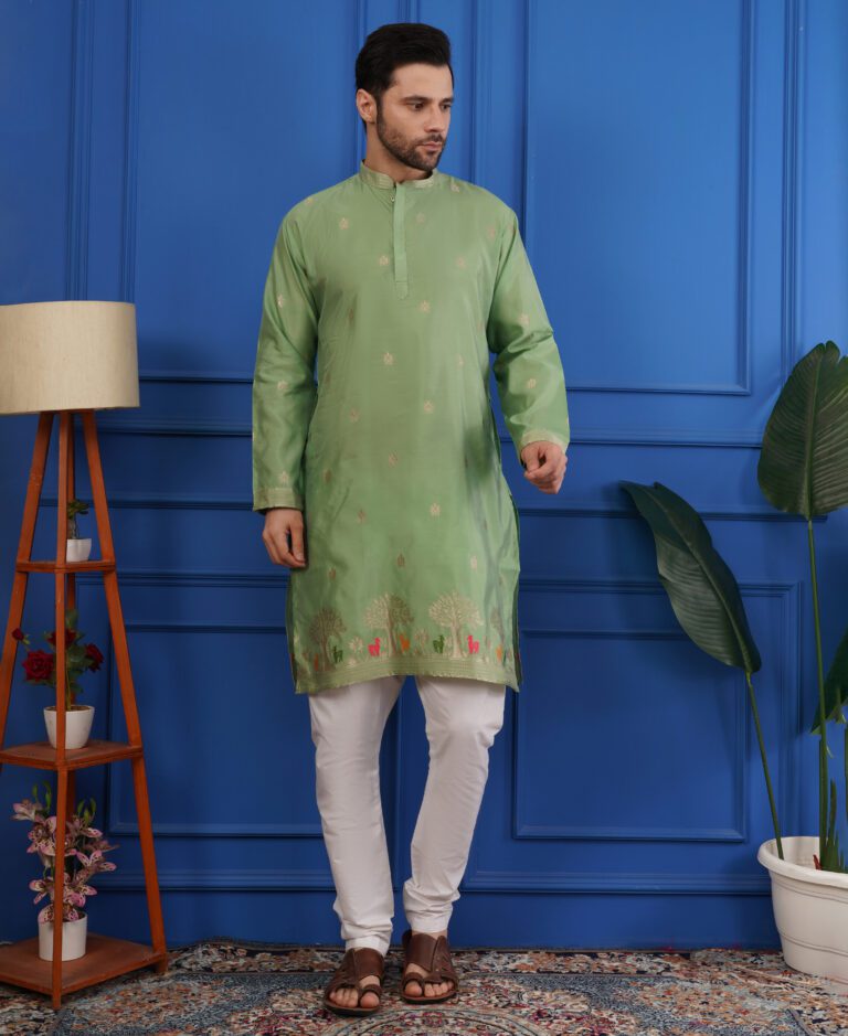 Men’s Silk Jacquard Embroidered Work Kurta – Elegant Ethnic Wear for Weddings & Festivals New - Green