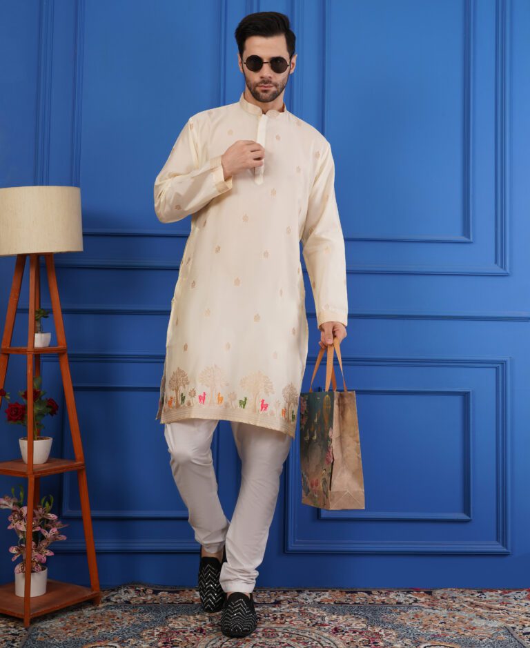 Men’s Silk Jacquard Embroidered Work Kurta – Elegant Ethnic Wear for Weddings & Festivals New - Cream