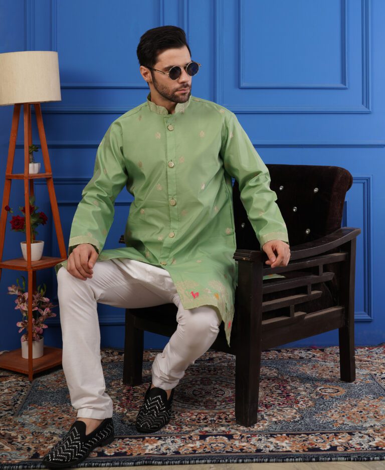 Men’s Silk Jacquard Embroidered Semi Indo-Western Kurta – Elegant Ethnic Wear for Weddings & Parties - Green