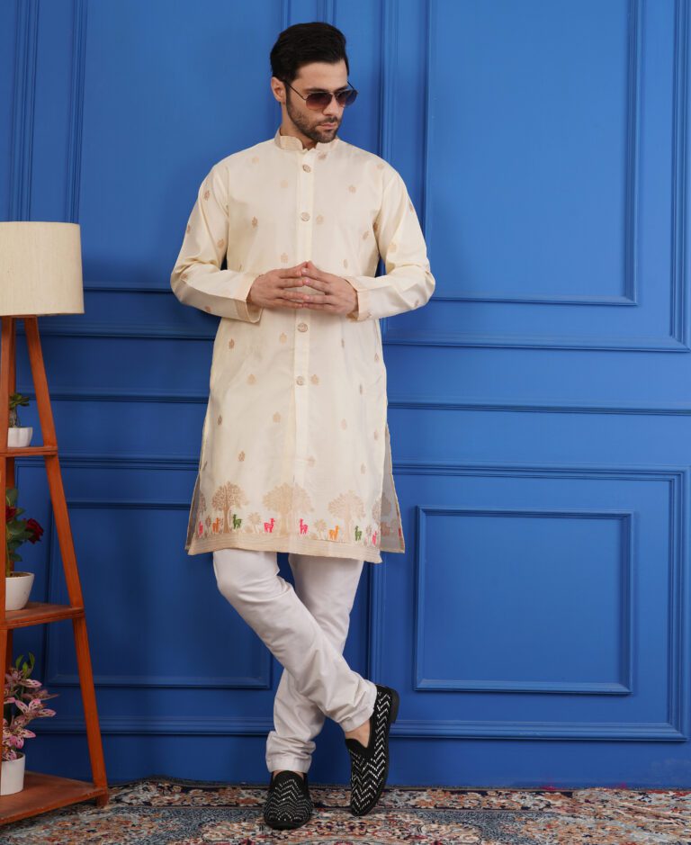 Men’s Silk Jacquard Embroidered Semi Indo-Western Kurta – Elegant Ethnic Wear for Weddings & Parties - Cream