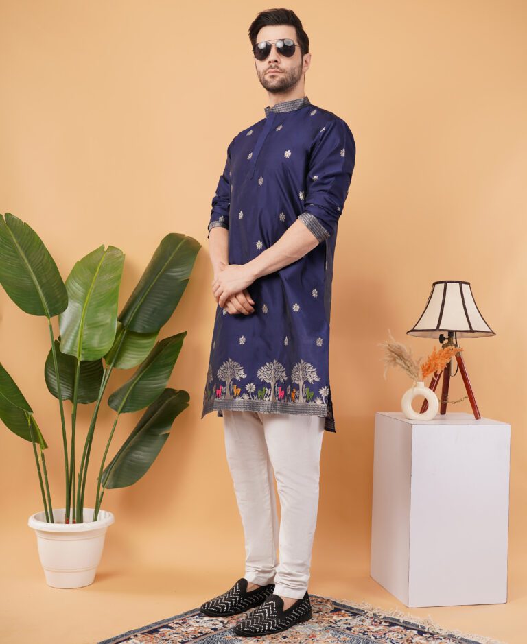 Men’s Silk Jacquard Embroidered Work Kurta – Elegant Ethnic Wear for Weddings & Festivals New - Navy Blue