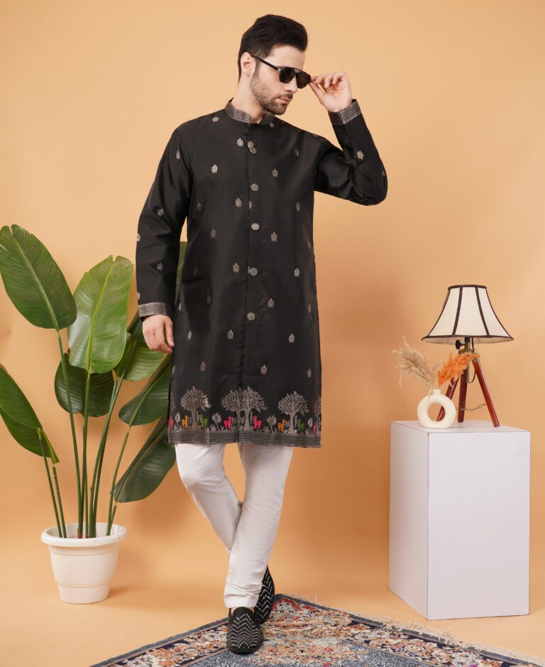Men’s Silk Jacquard Embroidered Semi Indo-Western Kurta – Elegant Ethnic Wear for Weddings & Parties