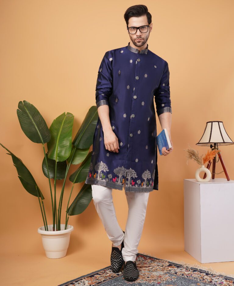 Men’s Silk Jacquard Embroidered Semi Indo-Western Kurta – Elegant Ethnic Wear for Weddings & Parties - Navy Blue