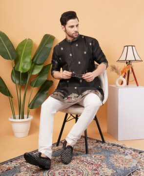 Men’s Silk Jacquard Embroidered Work Kurta – Elegant Ethnic Wear for Weddings & Festivals New