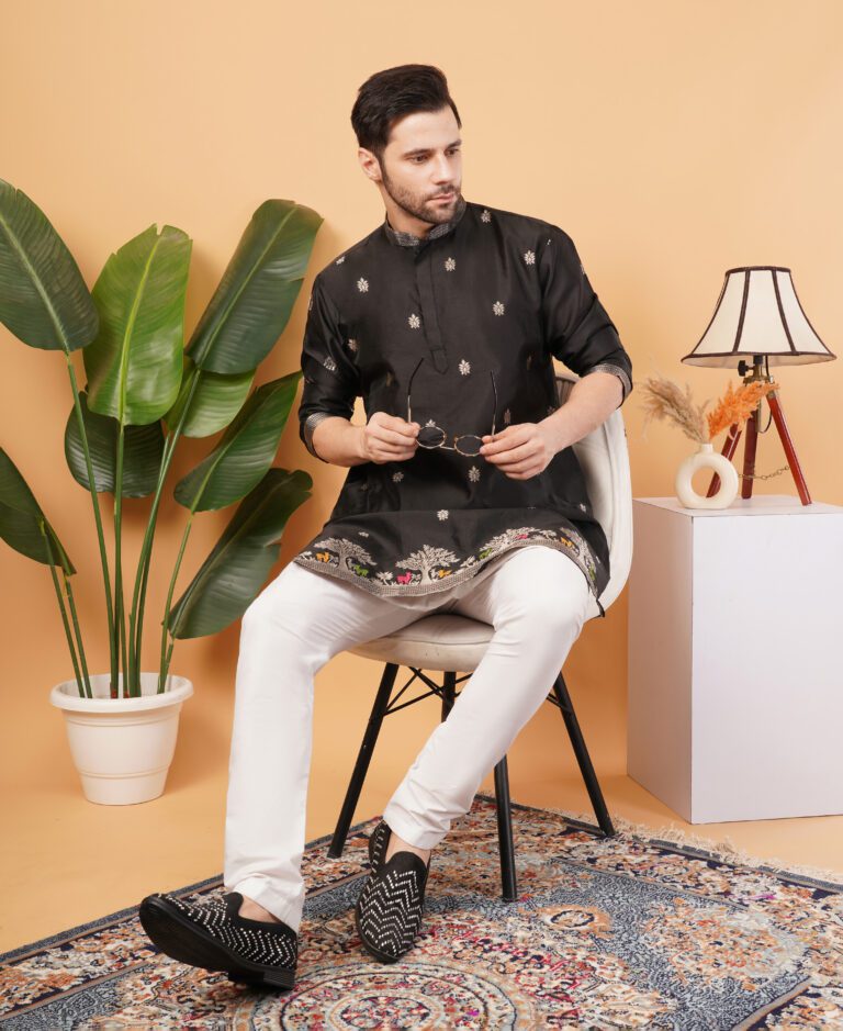 Men’s Silk Jacquard Embroidered Work Kurta – Elegant Ethnic Wear for Weddings & Festivals New