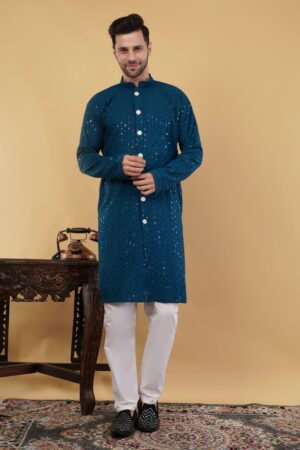 Men's viscose cotton sequence Premium embroidered semi-indo western | Elegant traditional outfit for weddings & festive wear - Teal