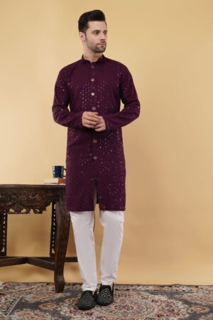 Men's viscose cotton sequence Premium embroidered semi-indo western | Elegant traditional outfit for weddings & festive wear - Wine