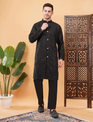 Men's viscose cotton sequence Premium embroidered semi-indo western | Elegant traditional outfit for weddings & festive wear - Black