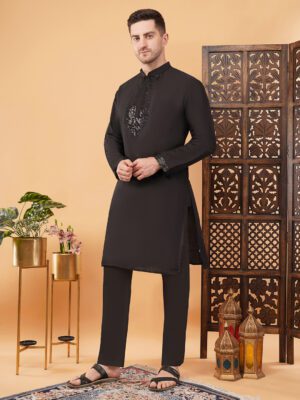 Men's pure Viscose Cotton Sequence Embroidered neck work kurta | Elegant traditional outfit for weddings & festive wear