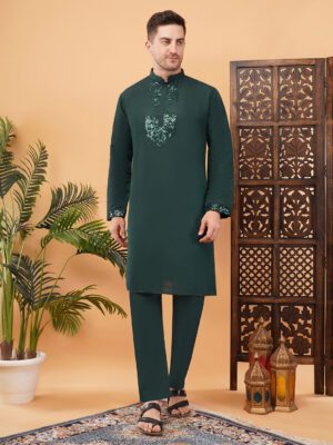 Men's pure Viscose Cotton Sequence Embroidered neck work kurta | Elegant traditional outfit for weddings & festive wear - Green