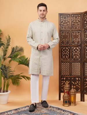 Men's Viscose Cotton Sequence Fower Embroidered Semi-indo western kurta | Elegant traditional outfit for weddings & festive wear - Grey