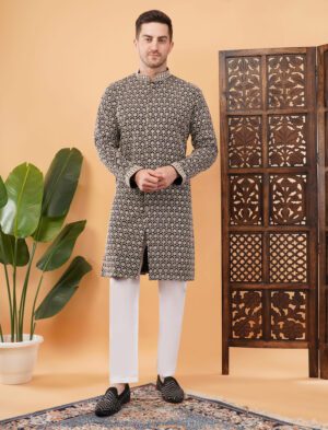 Men's Viscose Cotton Sequence Fower Embroidered Semi-indo western kurta | Elegant traditional outfit for weddings & festive wear
