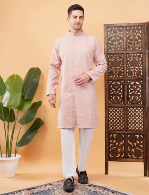 Men's Viscose Cotton Sequence Fower Embroidered Semi-indo western kurta | Elegant traditional outfit for weddings & festive wear - Pink
