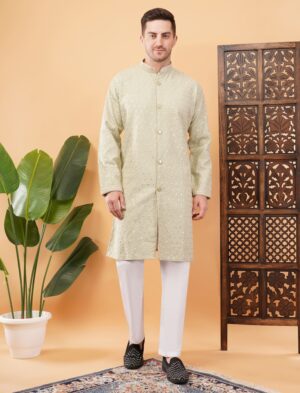 Men's Viscose Cotton Sequence Fower Embroidered Semi-indo western kurta | Elegant traditional outfit for weddings & festive wear - Pista