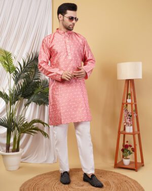 Men’s Premium Cotton Blend Jacquard Kurta – Stylish Ethnic Wear for Weddings & Festive Occasions - Pink