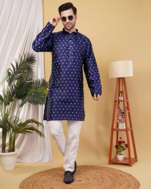 Men’s Premium Cotton Blend Jacquard Kurta – Stylish Ethnic Wear for Weddings & Festive Occasions - Navy Blue