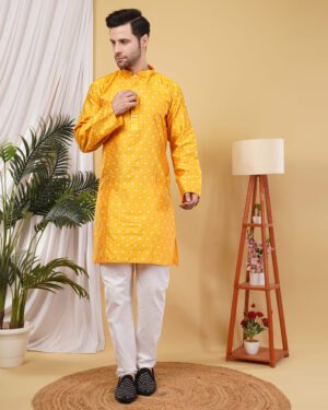 Men’s Premium Cotton Blend Jacquard Kurta – Stylish Ethnic Wear for Weddings & Festive Occasions - Yellow