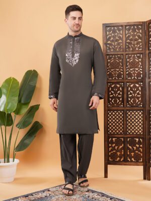 Men's pure Viscose Cotton Sequence Embroidered neck work kurta | Elegant traditional outfit for weddings & festive wear - Grey