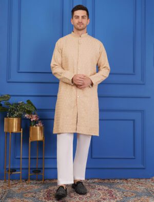 Men's Viscose Cotton Sequence Fower Embroidered Semi-indo western kurta | Elegant traditional outfit for weddings & festive wear - Chiku