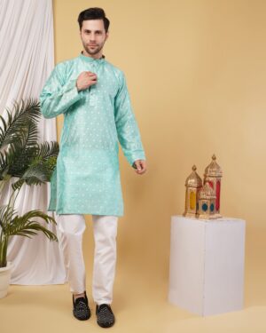 Men’s Premium Cotton Blend Jacquard Kurta – Stylish Ethnic Wear for Weddings & Festive Occasions - Pista