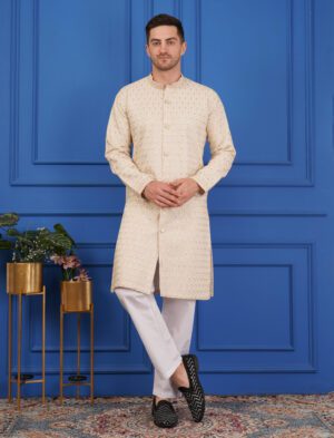 Men's Viscose Cotton Sequence Fower Embroidered Semi-indo western kurta | Elegant traditional outfit for weddings & festive wear - Cream